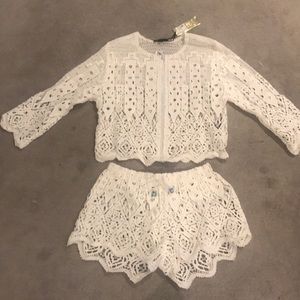 Dolcessa white lace swim cover up top and shorts
